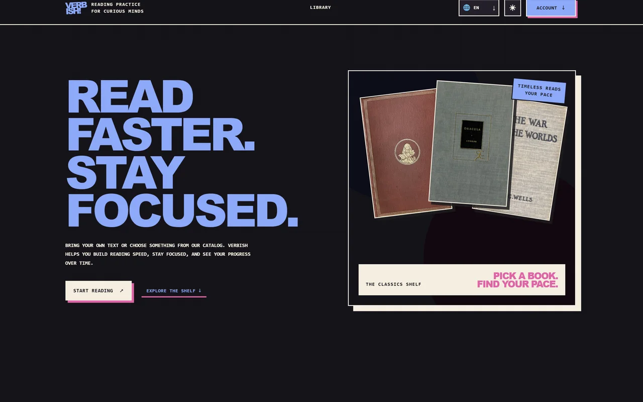 Verbish homepage with reading practice copy and a shelf of classic books