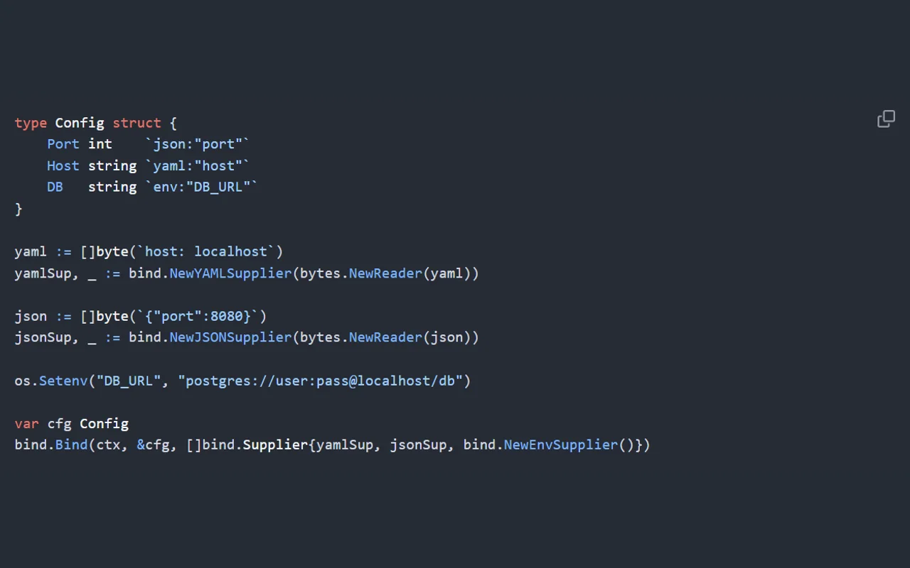 bind Go library cover with structured configuration fields