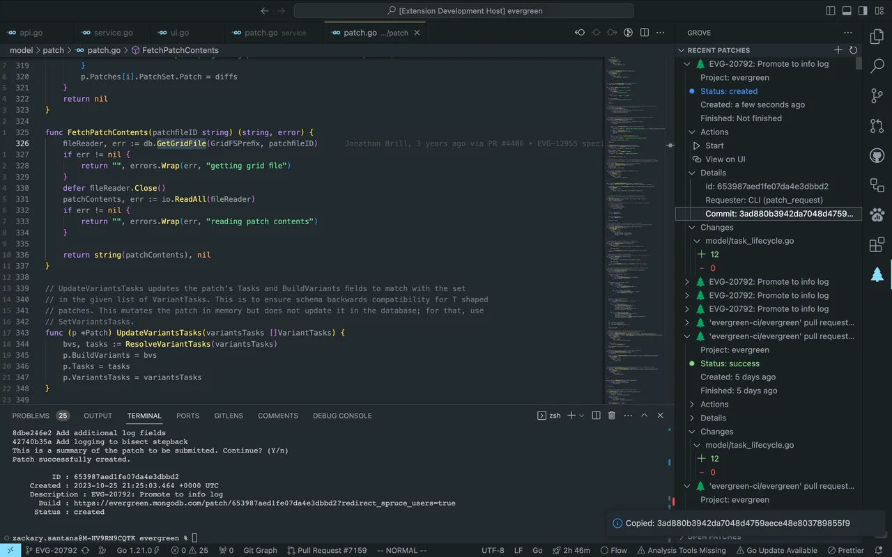 Grove extension showing Evergreen patches in VS Code