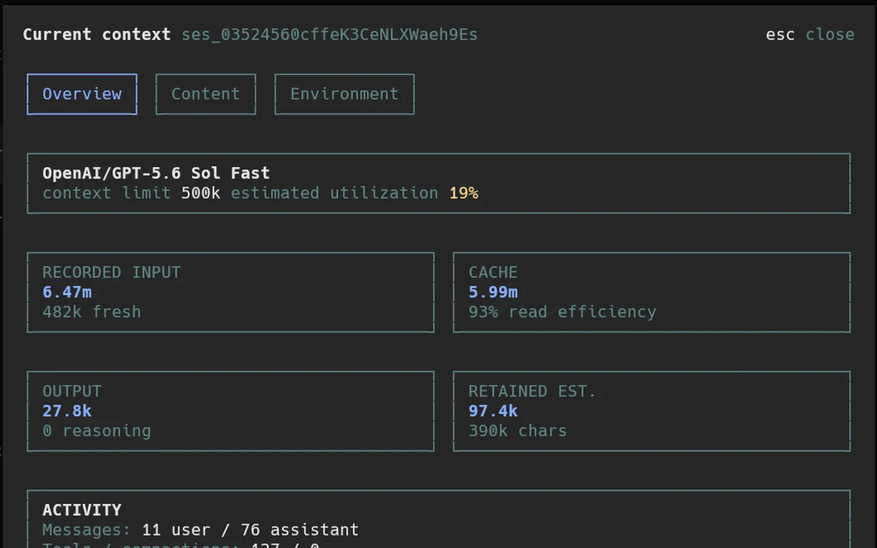 OpenCode context modal showing token utilization and session activity