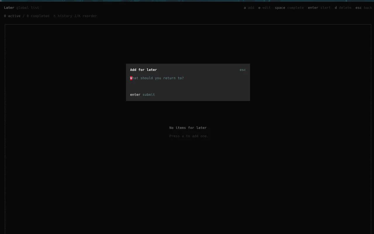 opencode-later native management view for saved work items